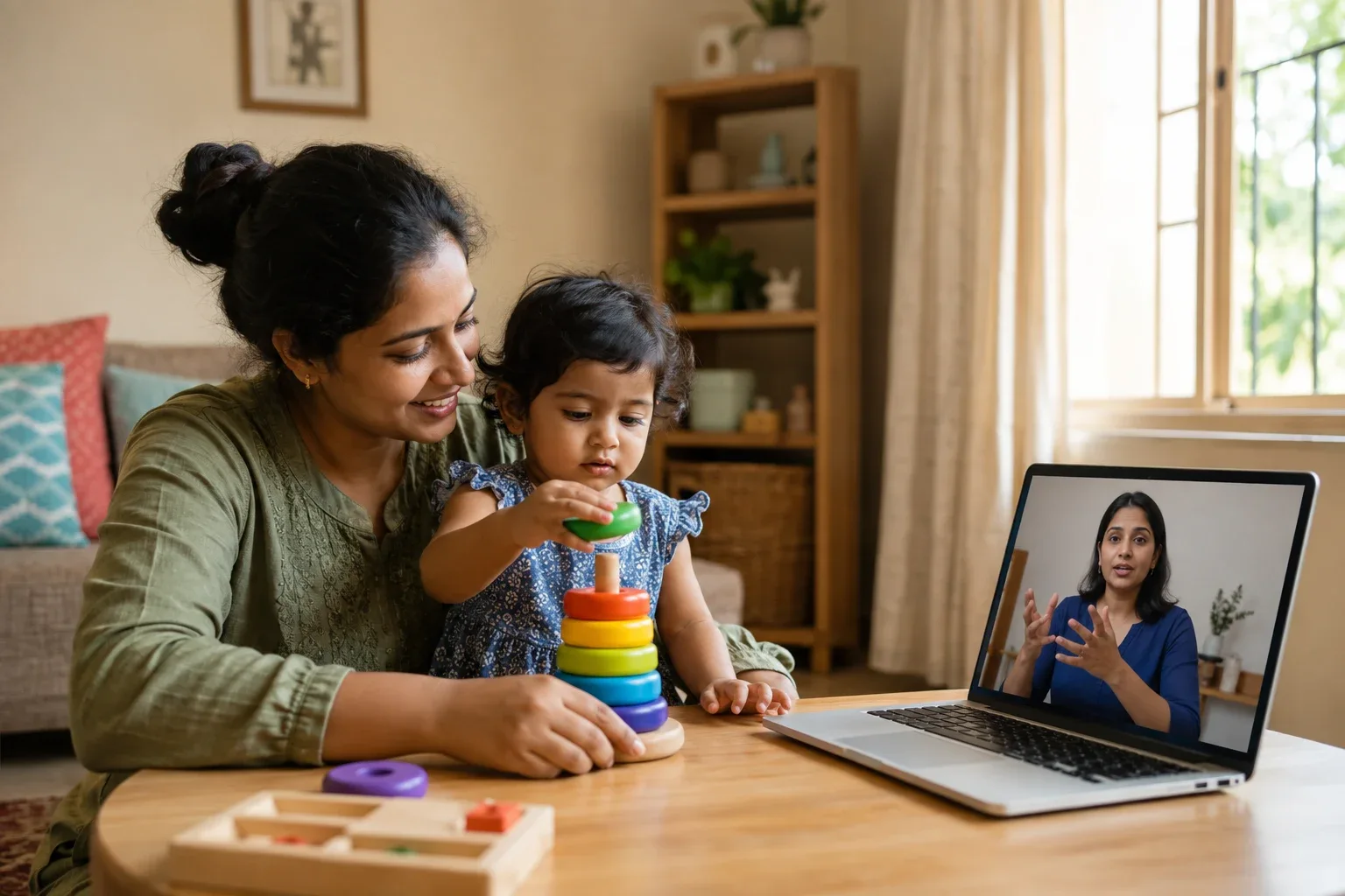 An Indian parent supporting a toddler during an online guidance session