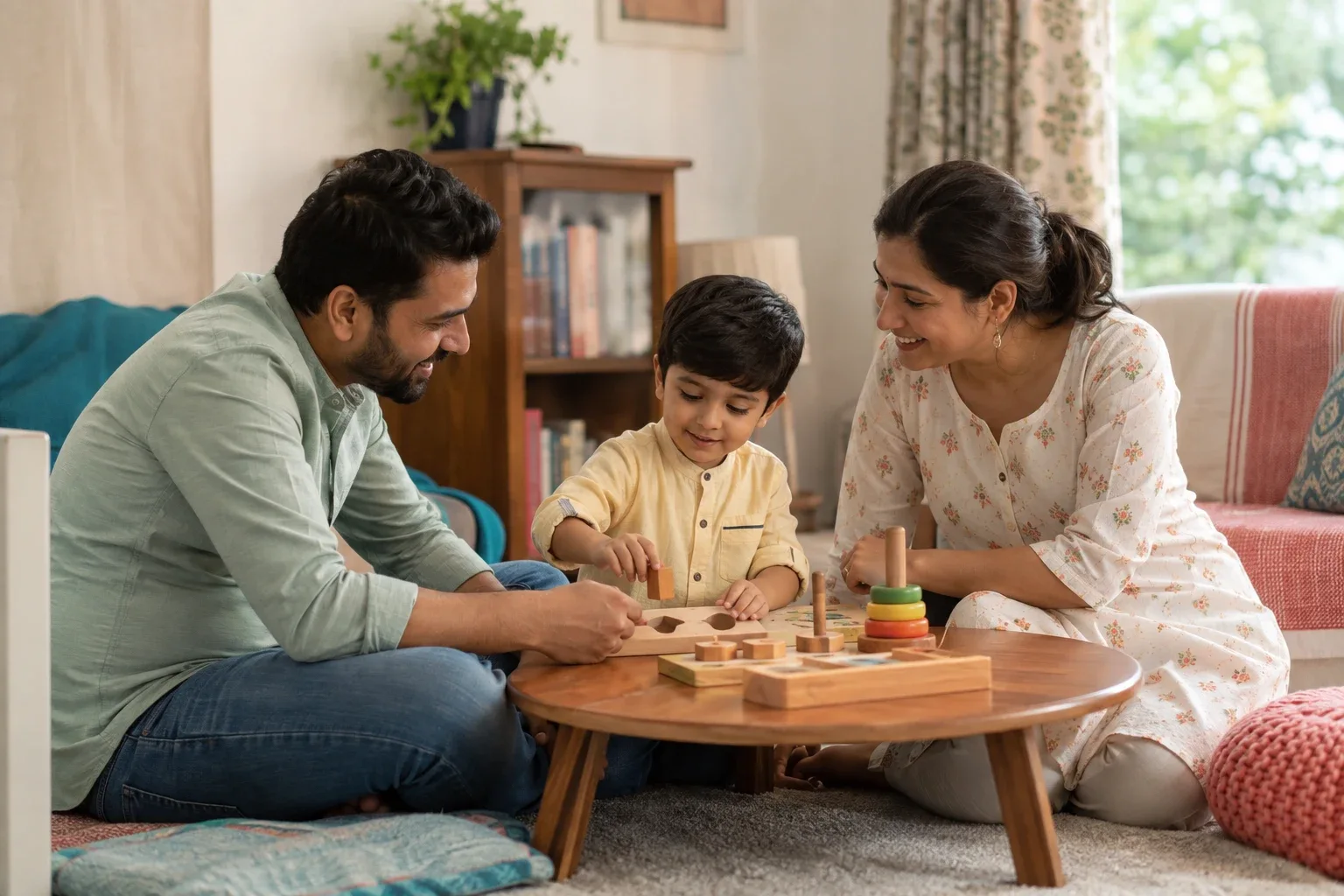 An Indian family sharing a learning activity with wooden toys