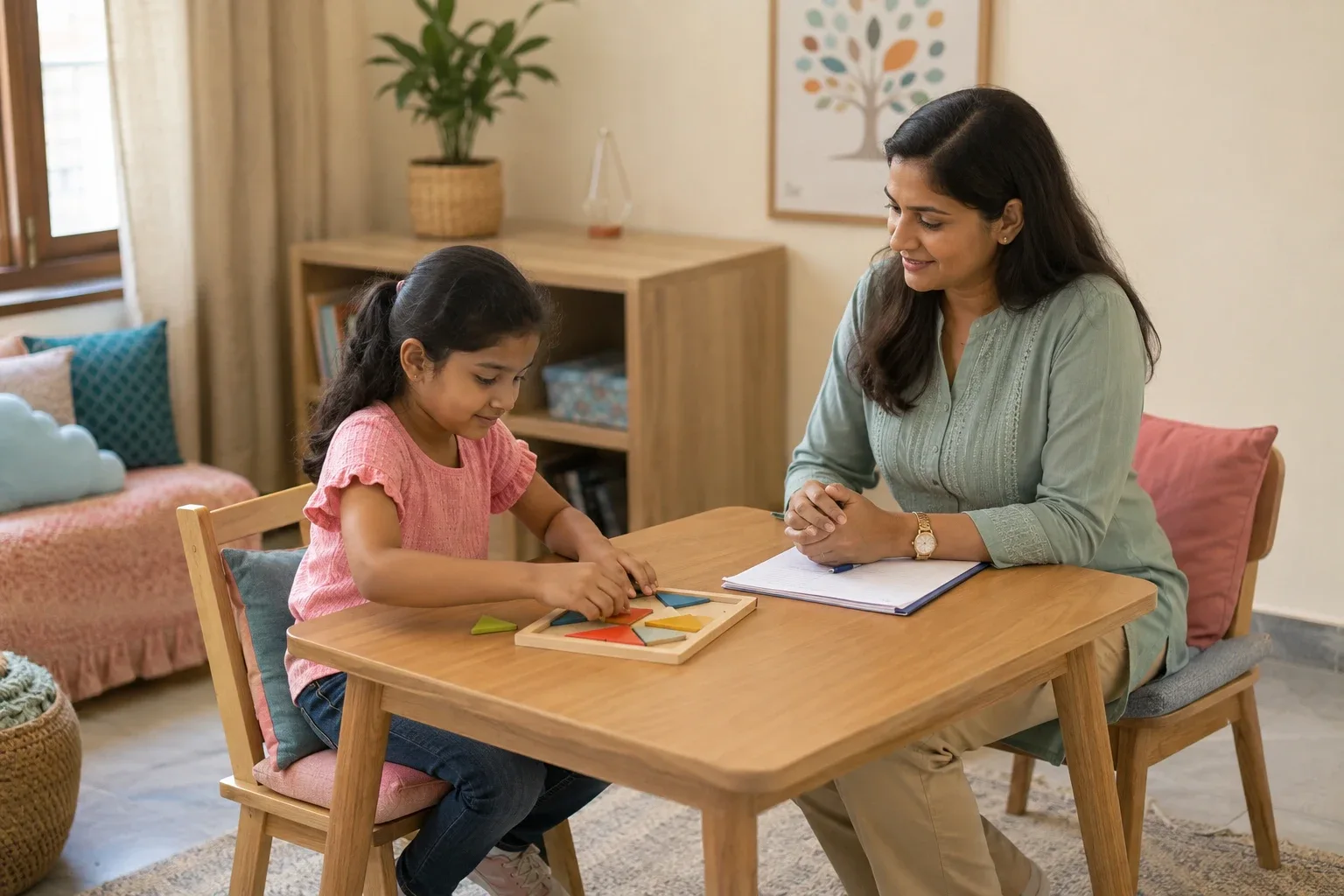An Indian child completing a puzzle while a professional observes