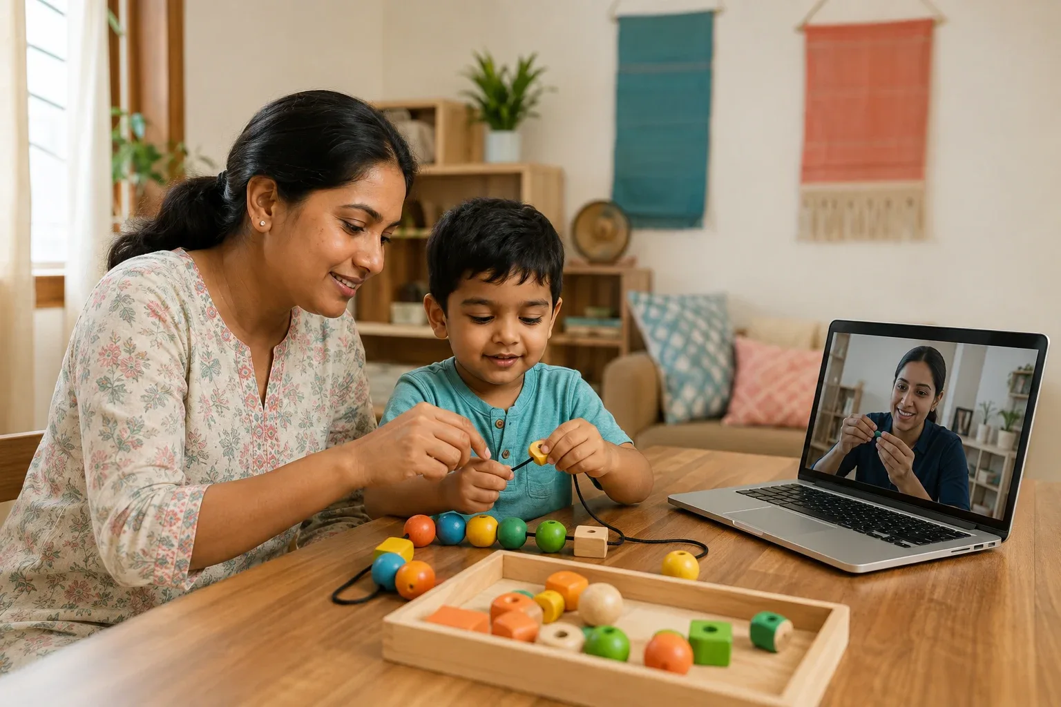 An Indian child threading wooden beads with a parent during online guidance