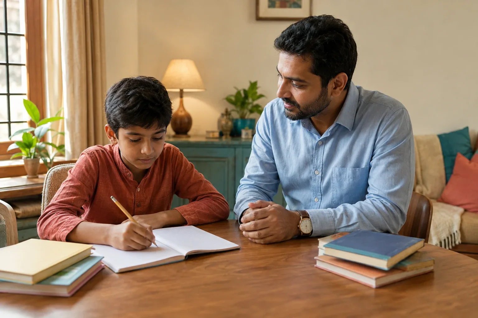 An Indian child working with writing materials alongside a professional