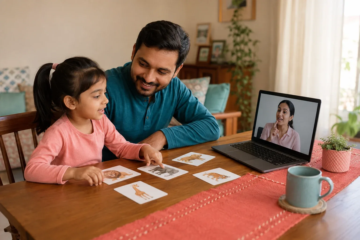 An Indian parent and child using picture cards during an online speech session