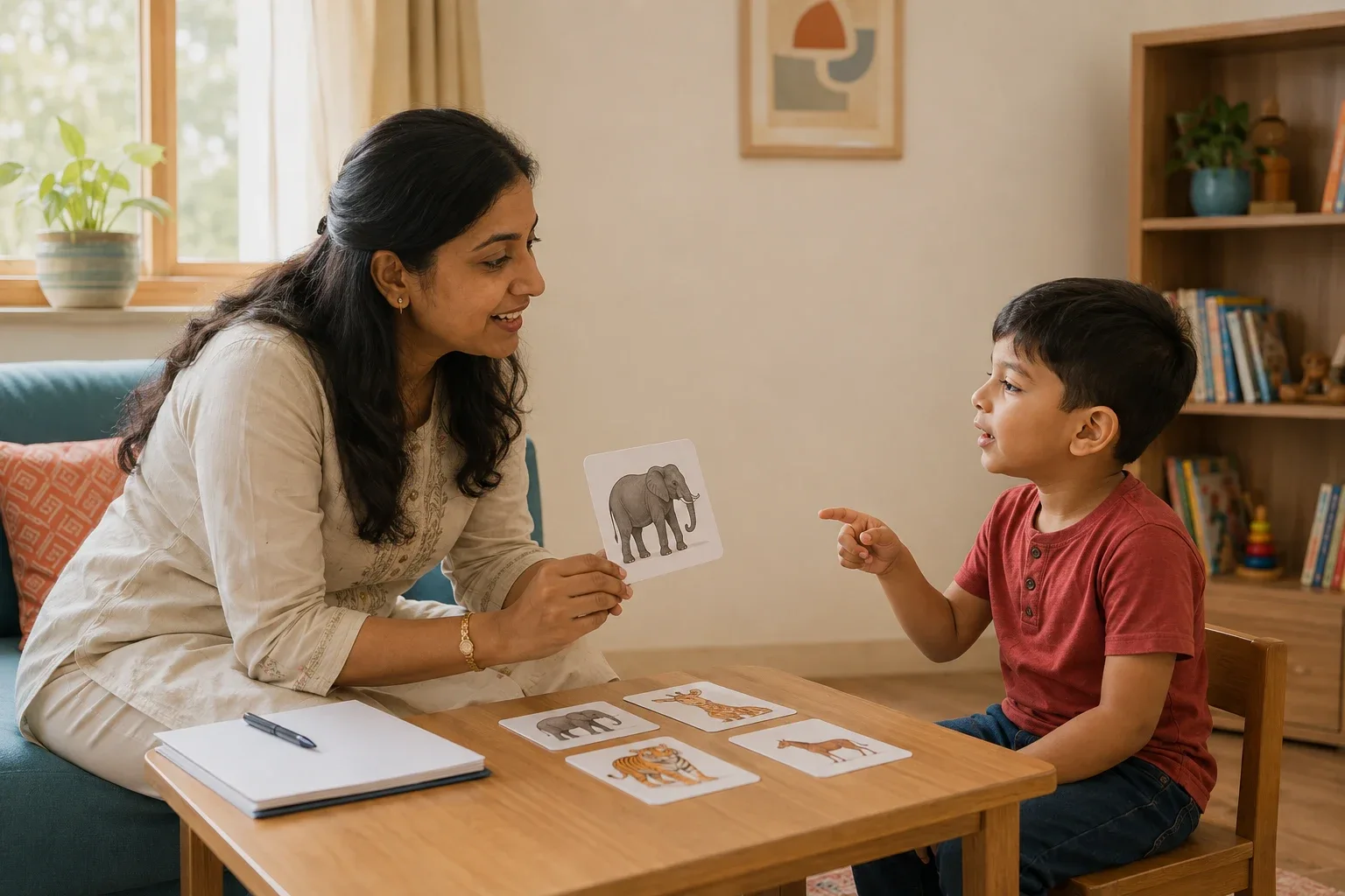 An Indian child practising communication with picture cards and a professional
