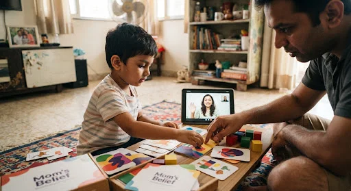 A father in Mumbai sitting comfortably on a living room rug with his 4-year-old child following guided tele-therapy activities from a tablet, surrounded by Mom's Belief home developmental kits and flashcards. Natural warm lighting.