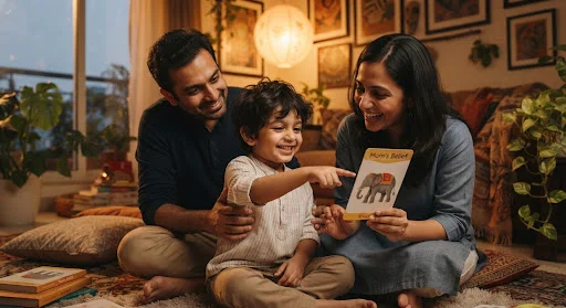 An authentic, touching candid photograph of a happy 3-year-old Indian boy named Aarav sitting with his smiling parents at home, pointing joyfully at picture flashcards during an evening learning session.