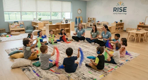 A group of neurodivergent children and teachers engaged in an active circle time game in a brightly colored RISE early-learning classroom.