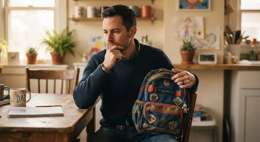A candid photo of a father thinking deeply while holding his child's school backpack, authentic emotional expression, warm morning indoor light.