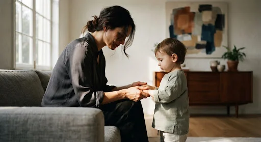 A mother reassuringly holding her toddler's hands in a quiet sunlit room, gentle empathetic parent-child bonding moment. Clean minimalist aesthetic.