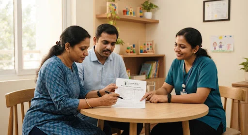 A developmental screening questionnaire being completed by an Indian couple sitting beside a pediatrician in a modern, warm clinic office. Soft bokeh background.