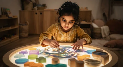 A young Indian child playing with colored sand and textured sensory shapes on a light table, focusing intently on developmental exploration. Cinematic documentary lighting.